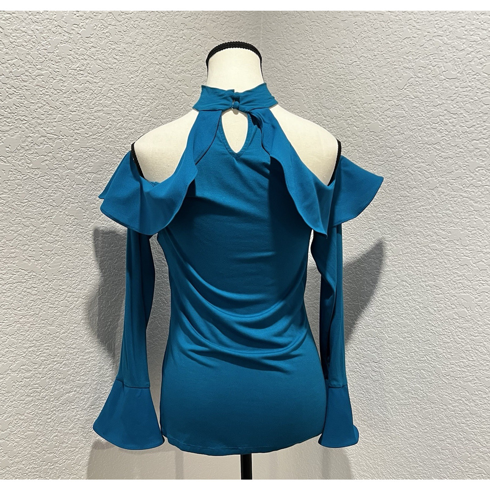INC Y2K Blue Stretch Halter Ruffle Neck Cold Shoulder Stunning Women's Small - Picture 4 of 9